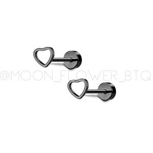 Black Heart Stud Earrings | Stainless Steel | Screw Back Flat Comfortable